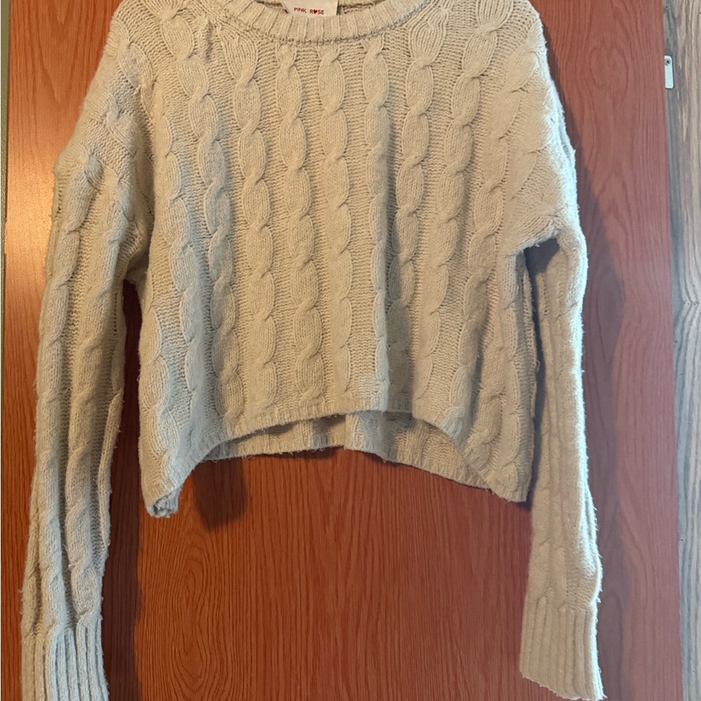 Pink Rose Cream Crew Neck Cable Knit Sweater